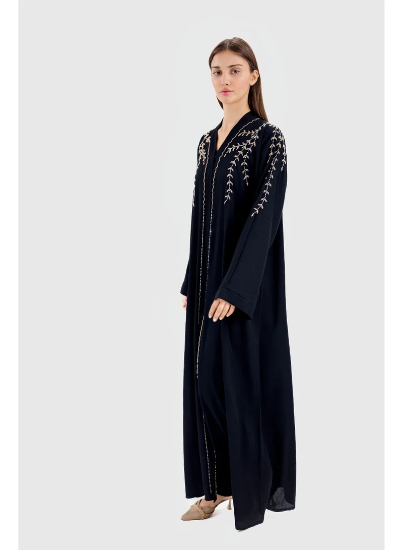 اوفيليا عباية ليورا النسائية الفاخرة - عباية سوداء أنيقة مفتوحة مصنوعة من قماش فاخر زي إسلامي محتشم للاستخدام اليومي والمناسبات